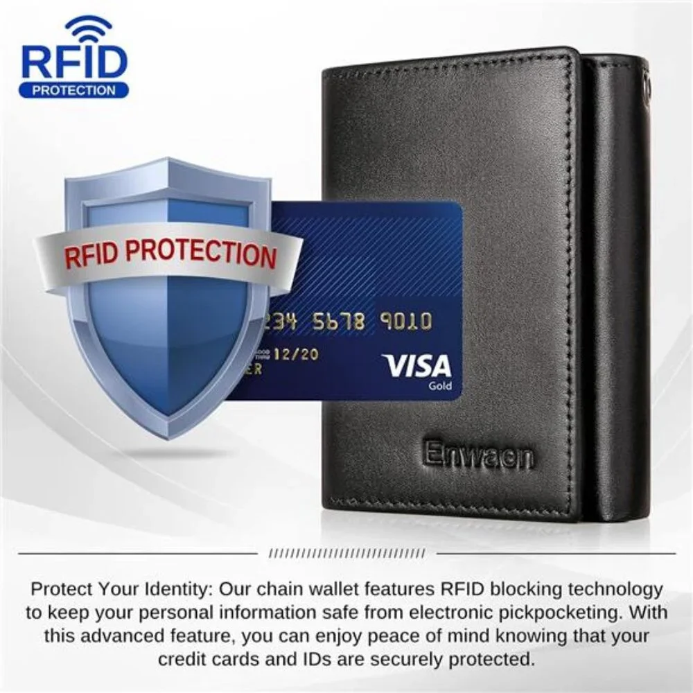 Mens Wallet with Chain, Genuine Leather Trifold Wallet RFID Blocking Anti-Theft